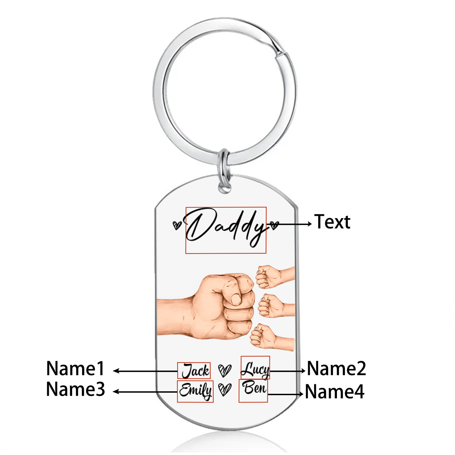 4 Names - Personalised Custom Fist Bump Keyring Gift Custom Name for Dad