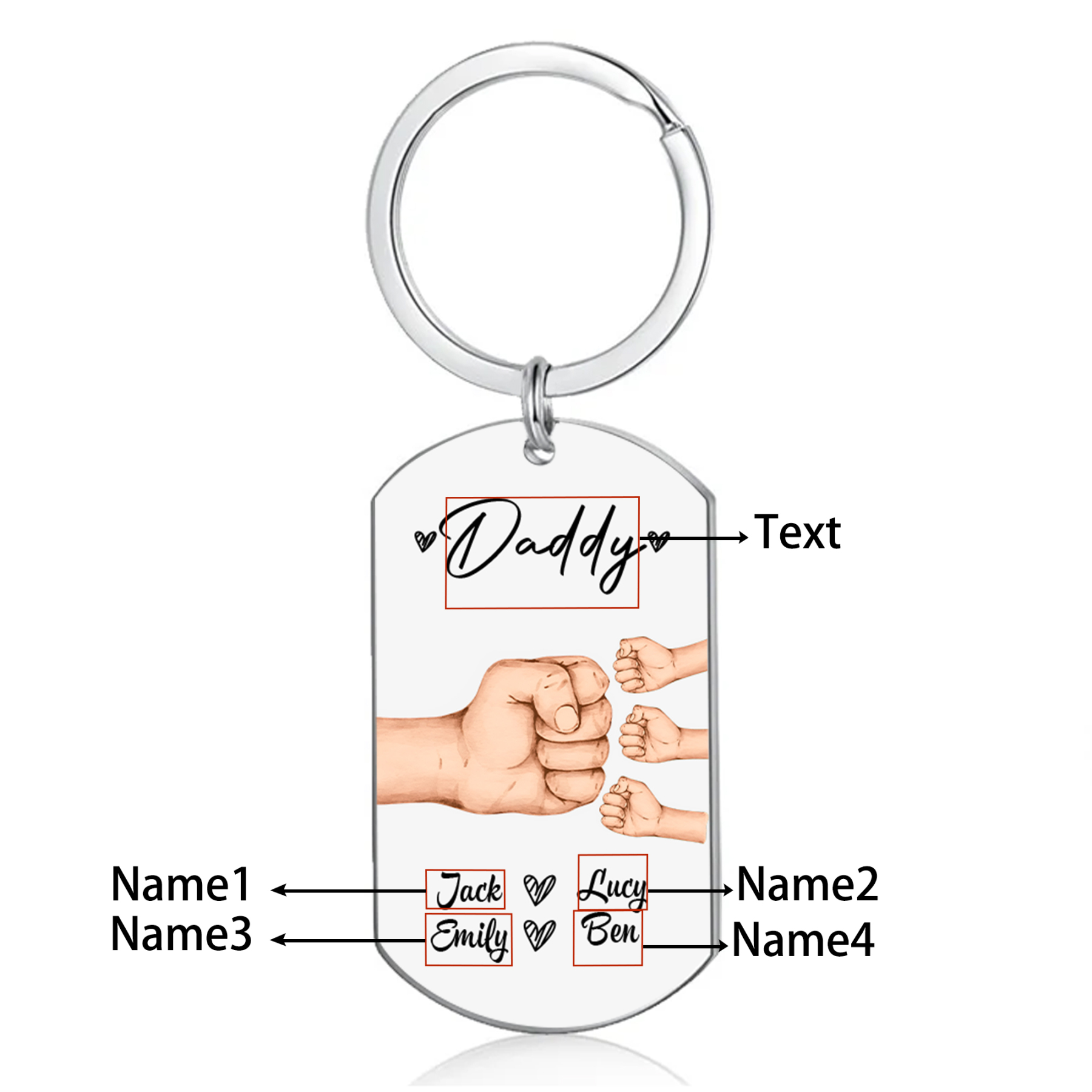 4 Names - Personalised Custom Fist Bump Keyring Gift Custom Name for Dad
