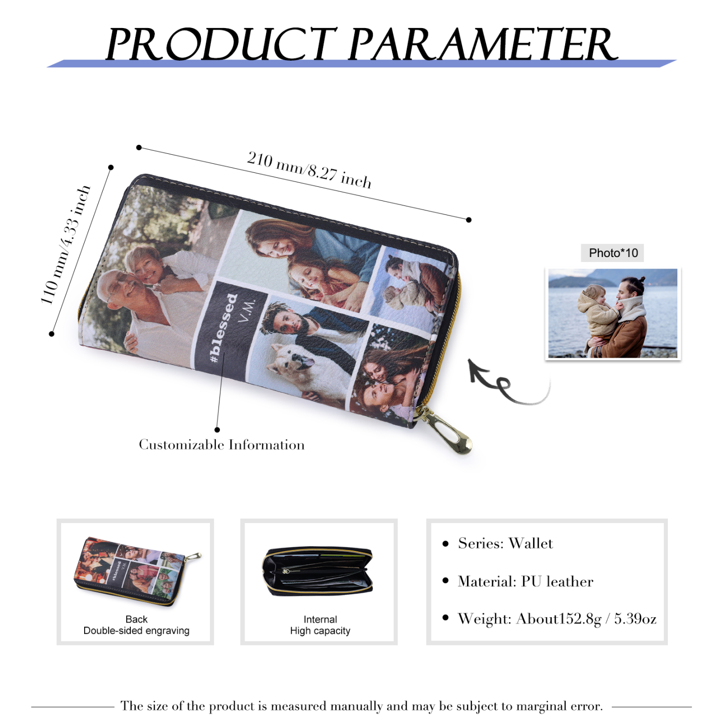 Custom Purse-Long Purse Personalised Leather Wallet Engraved 10 Photos Zip Wallet Gifts For Women Men