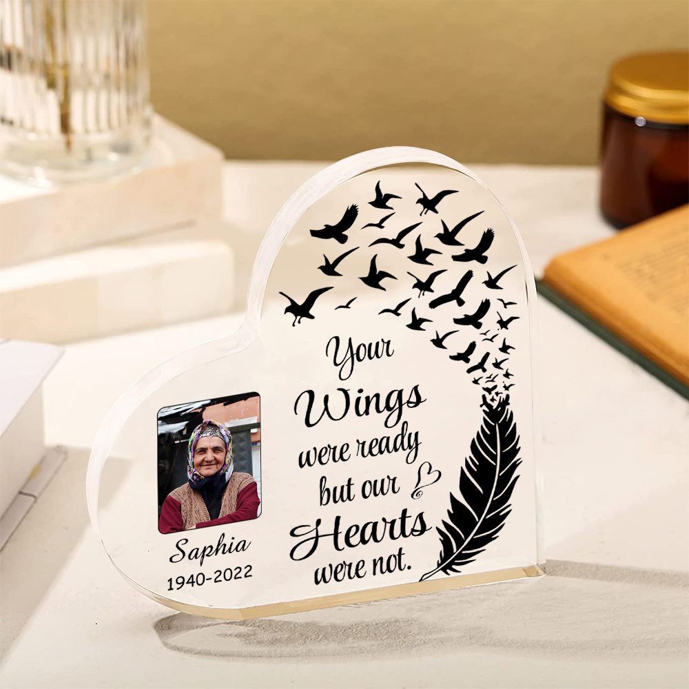 Personalised Memorial Acrylic Heart Keepsake Desktop Photo Ornament-Your Wings Were Ready But My Heart Wasn't-Special Memorial Gift