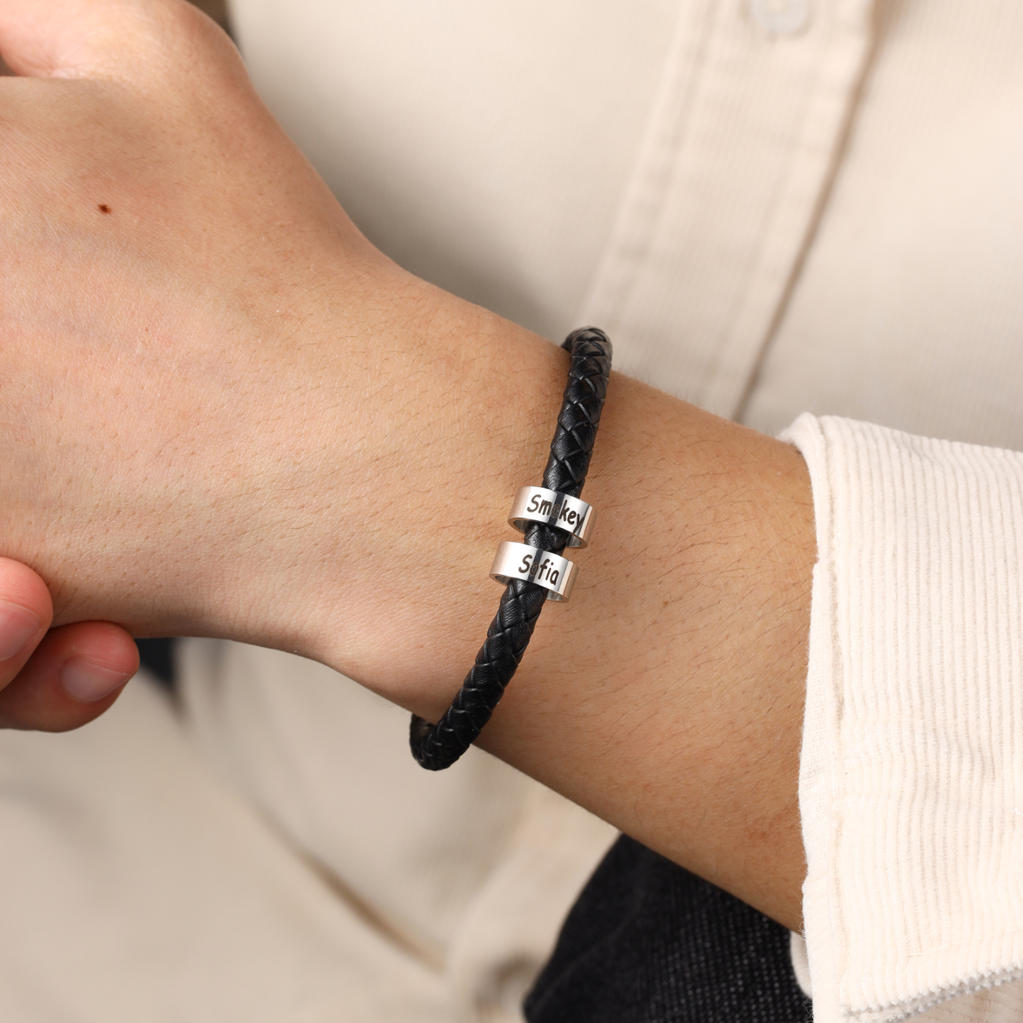 Men Leather Braided Rope Bracelet with 2 Custom Beads Sterling Silver Engravable Black Bracelet for Men