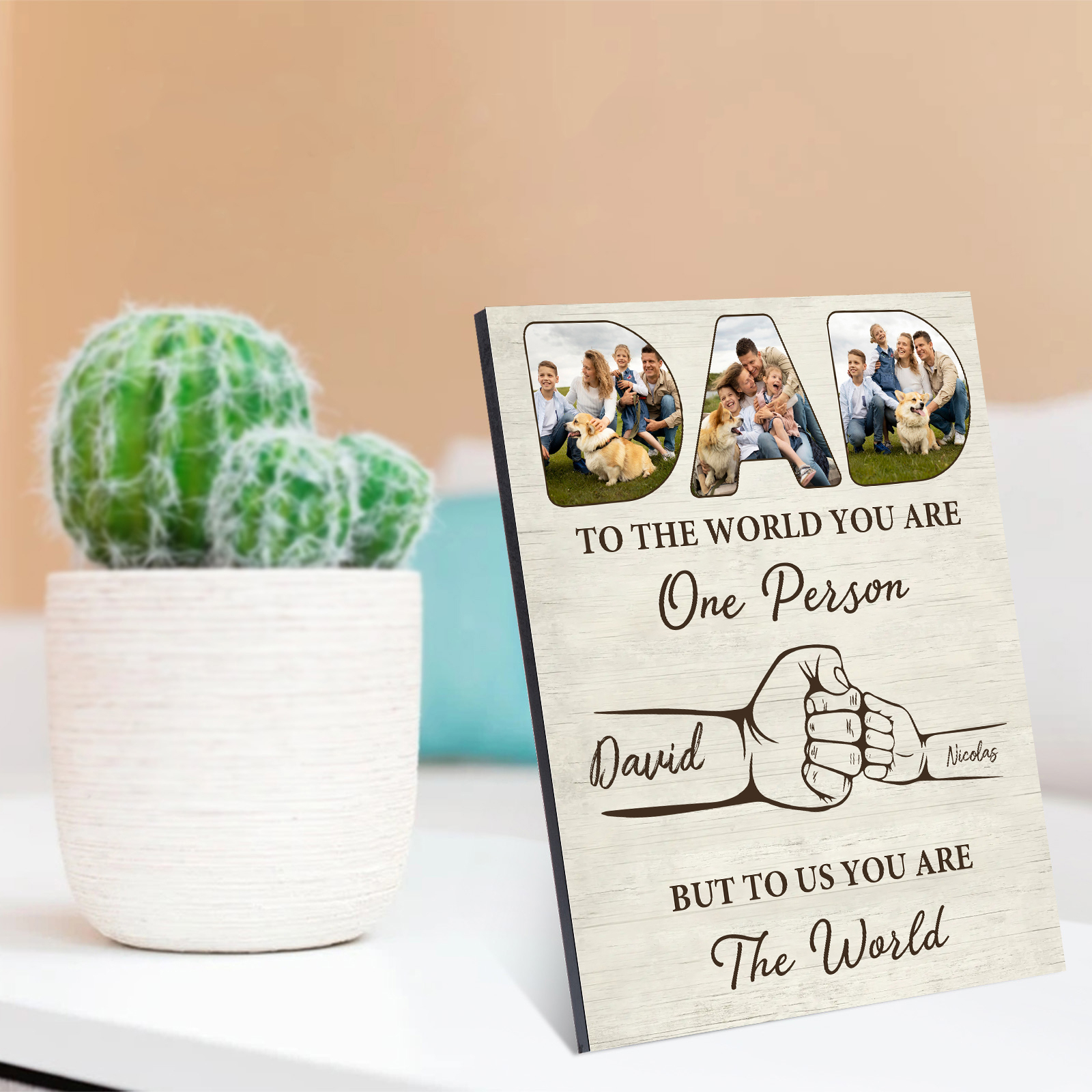 2 Names - Personalised Photos Fist Bump Home Wood Panel Painting Decorations Father's Day Gift for Dad