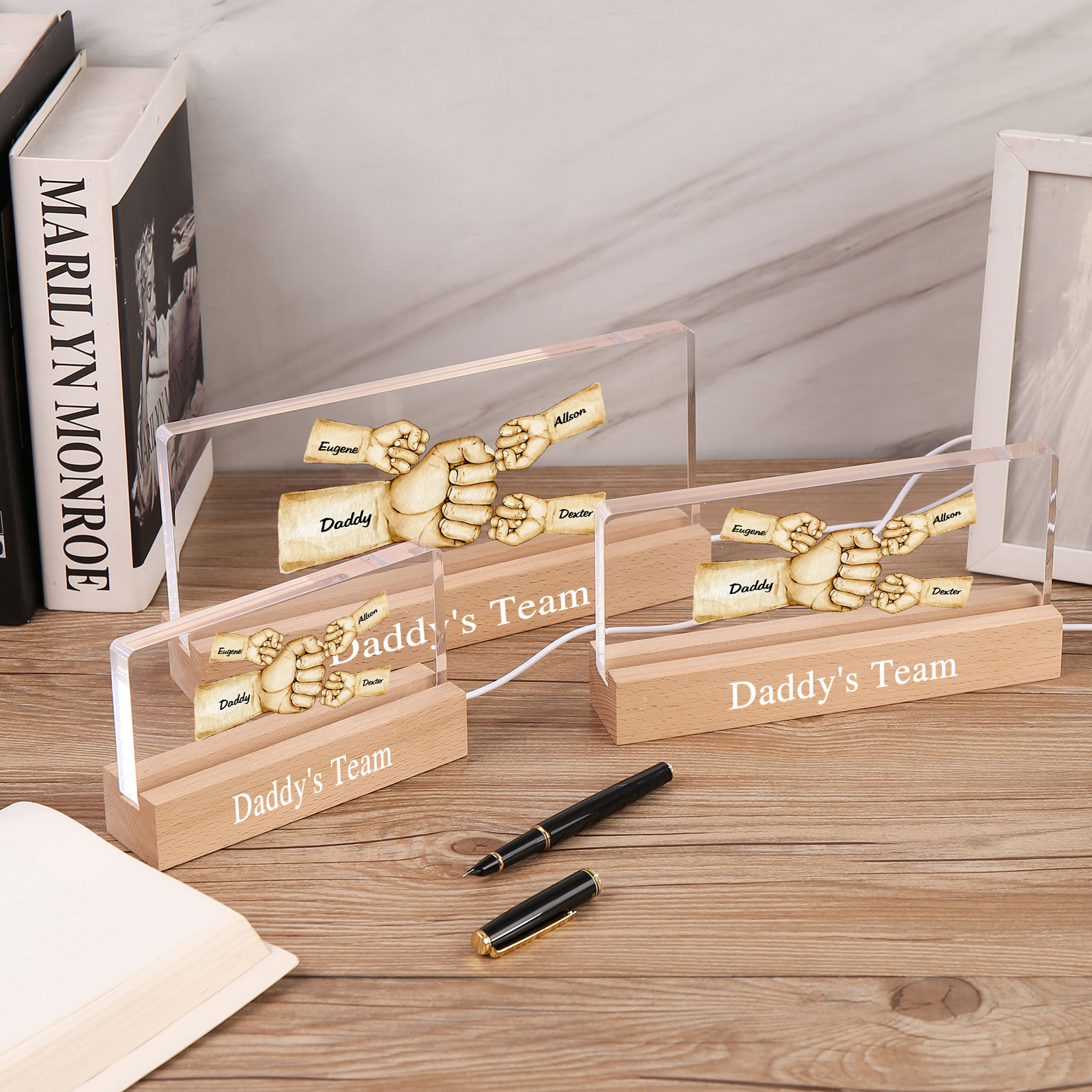 4 Names - Personalised Fist Bump Pattern Table Lamp Customized Text Father's Day Gift for Dad