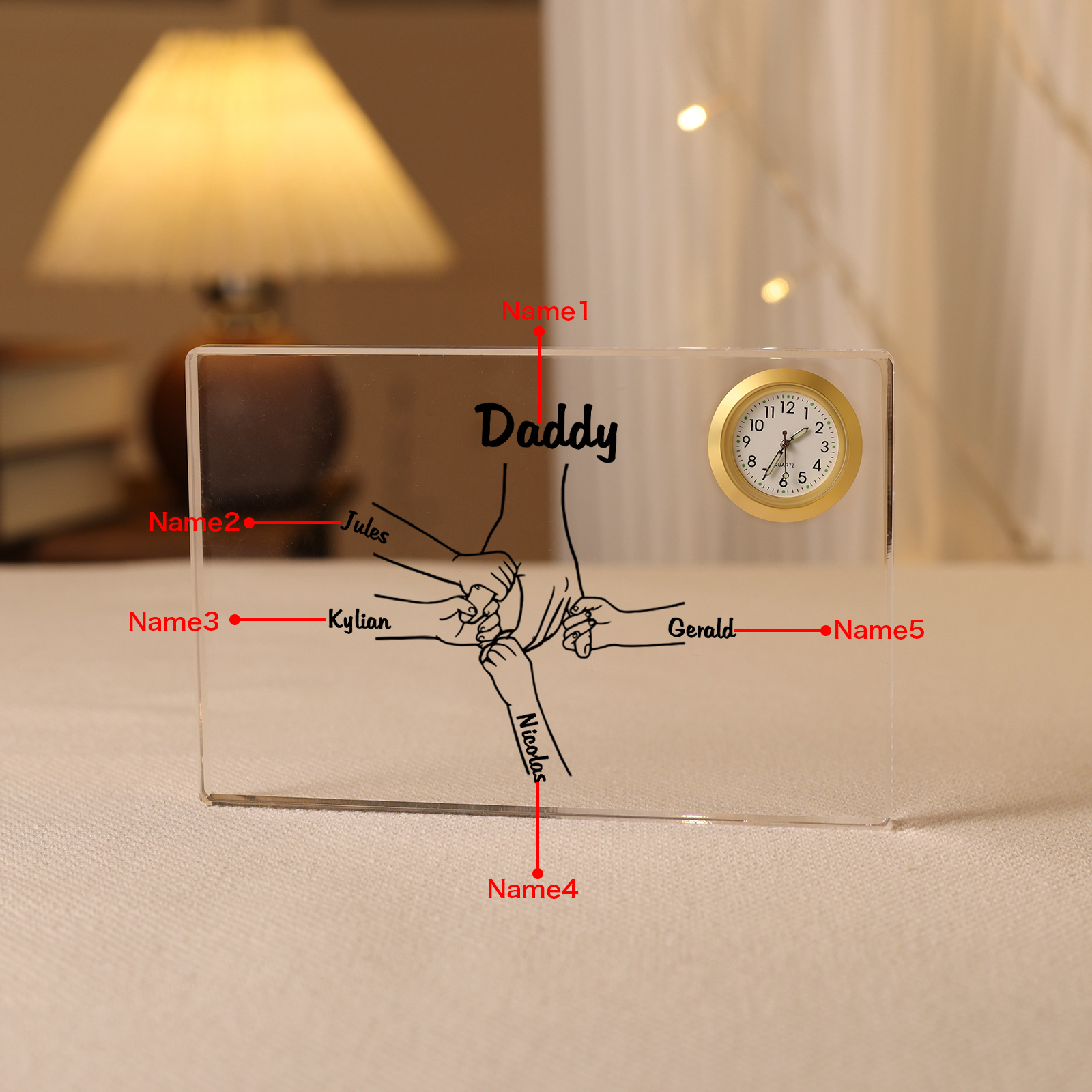 5 Names - Personalised Holding Hands Pattern Custom Name Acrylic Rectangular Clock Ornament Father's Day Gift