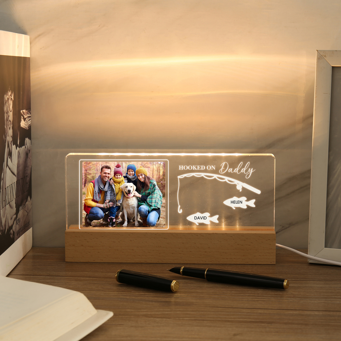 2 Names - Personalised Photo Fishing Pattern Desk Lamp Father's Day Gift For Dad