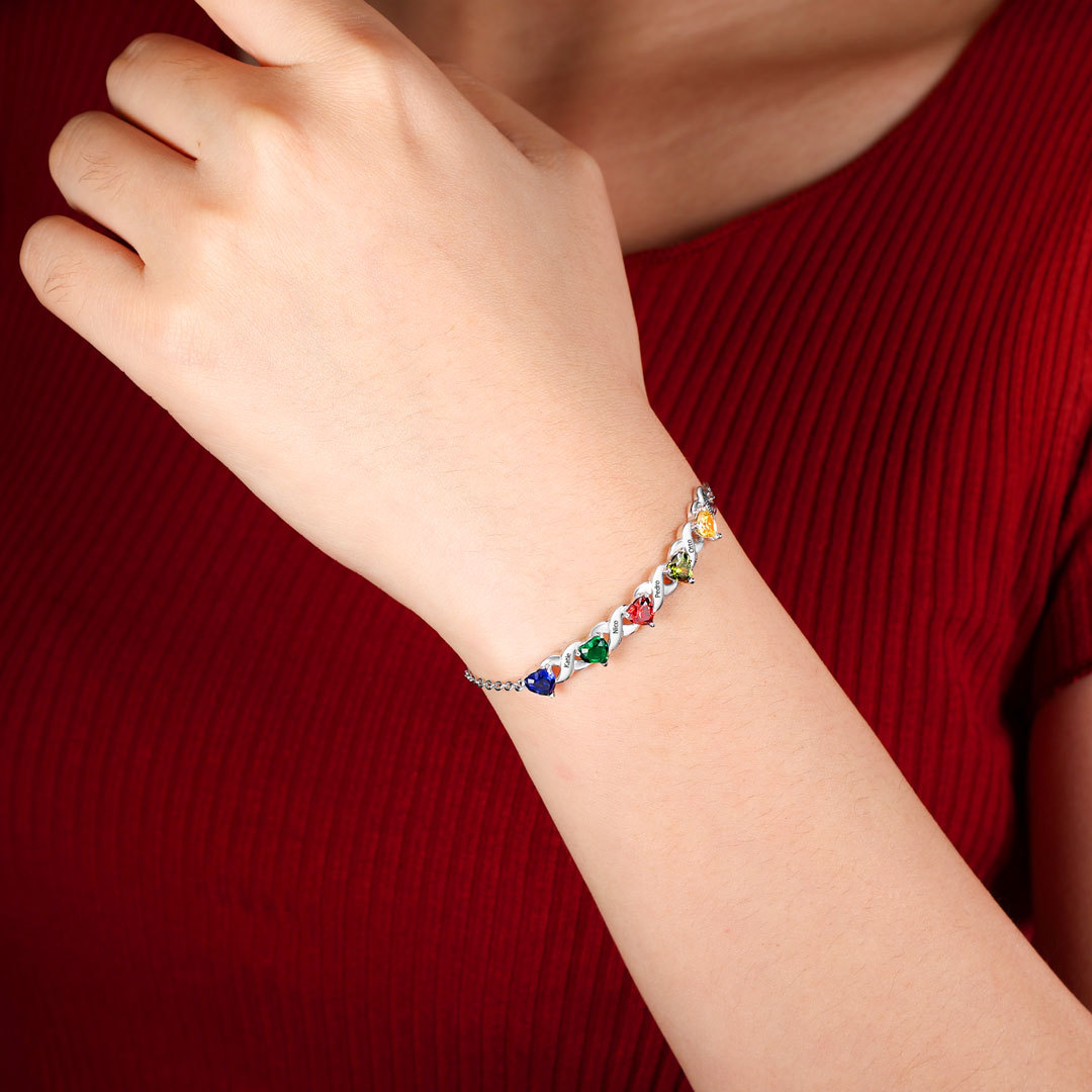 September Birthday Personalised Bracelet With 4 Heart Birthstones Engraved Names Bracelet Gift For Women