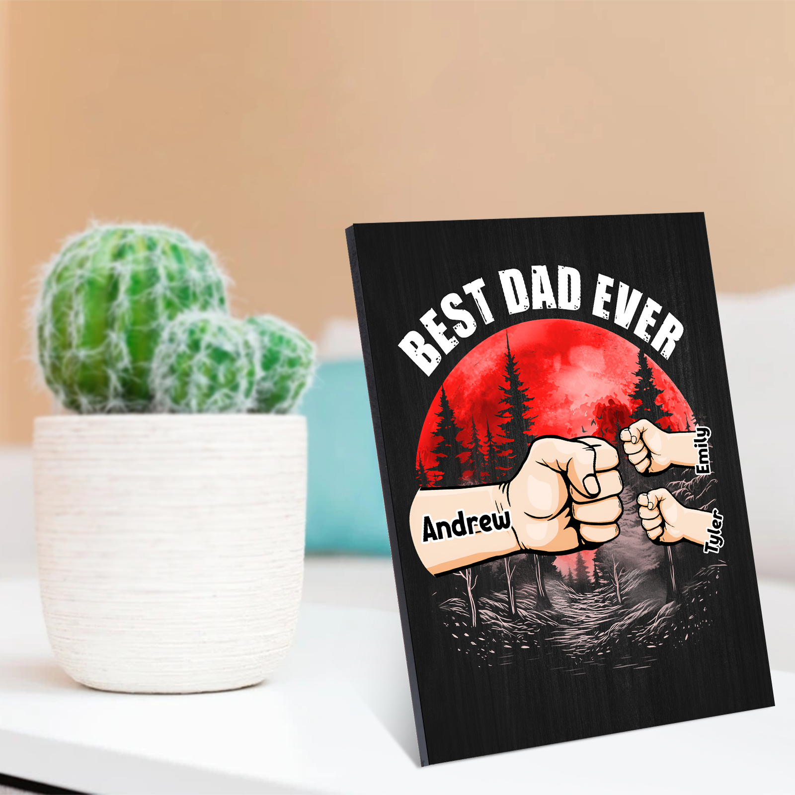 3 Names - Personalised Wooden Ornament Fist Bump Red Forest Style Engraved Name and Text Ornament for Dad
