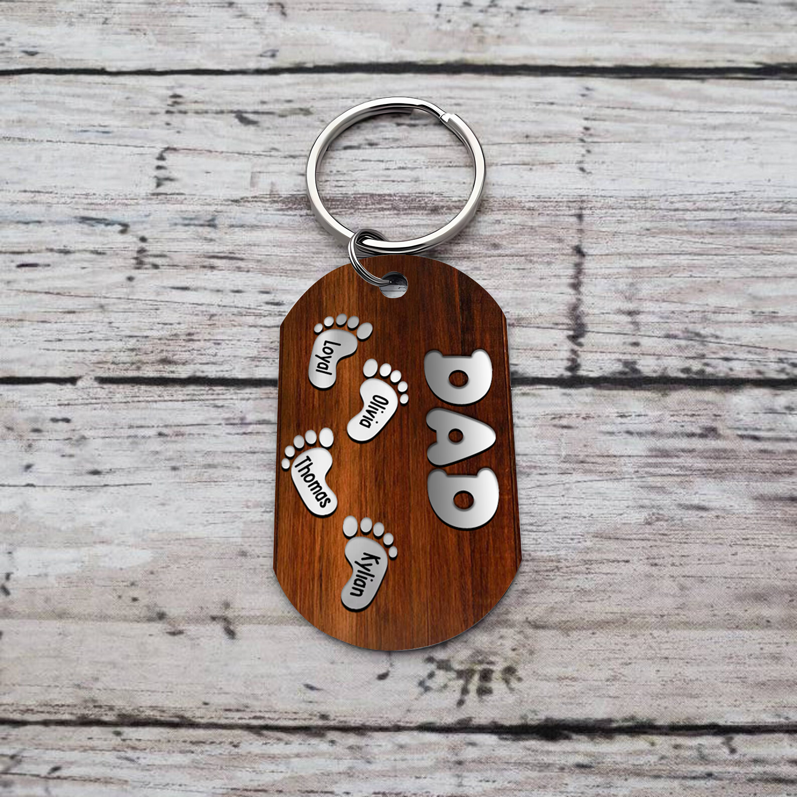 4 Names - Personalised Custom Footprint Pattern Keyring Custom Name and Text Gift for Dad