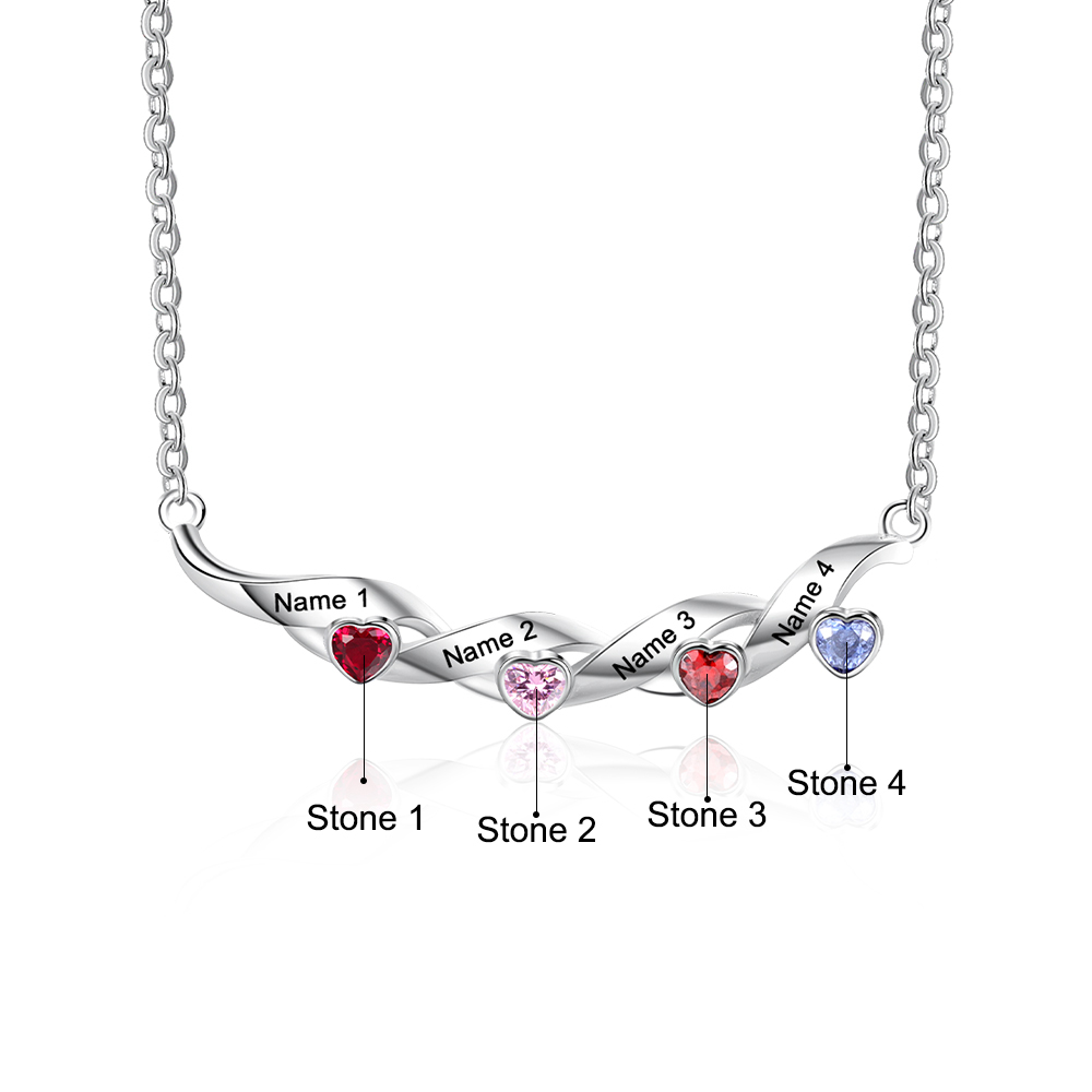 Mother's Day Gifts Customized Spiral Cascading Pendant Necklace with 4 Birthstones Engraving 4 Names