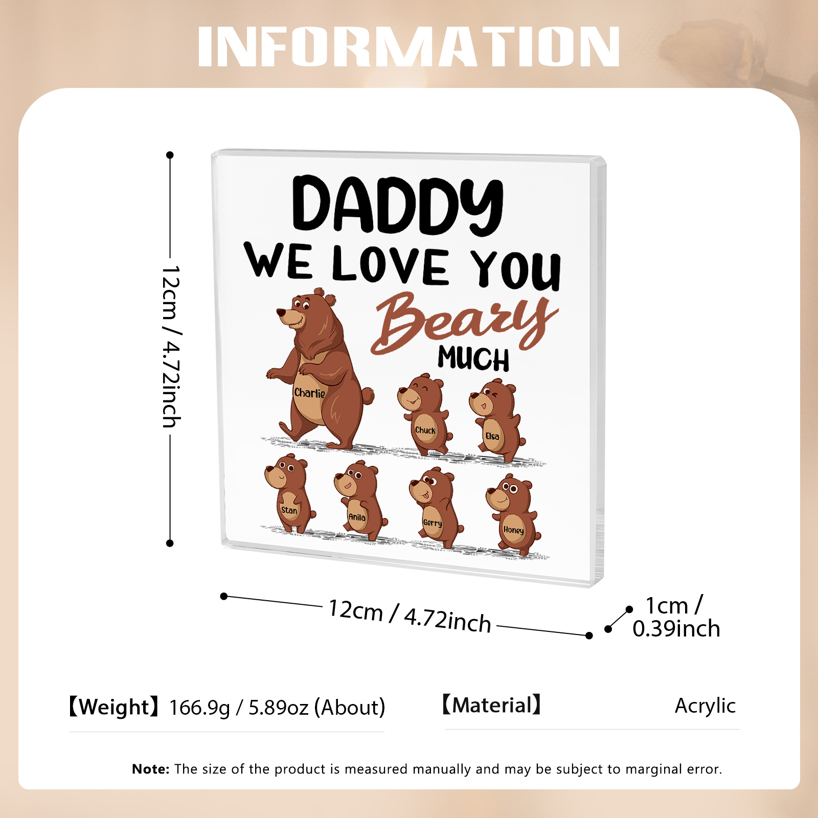 7 Names-Personalised Bear Family Acrylic Keepsake-Custom Text and Names-Acrylic Plaque Home Decoration Gift for Daddy/Grandad