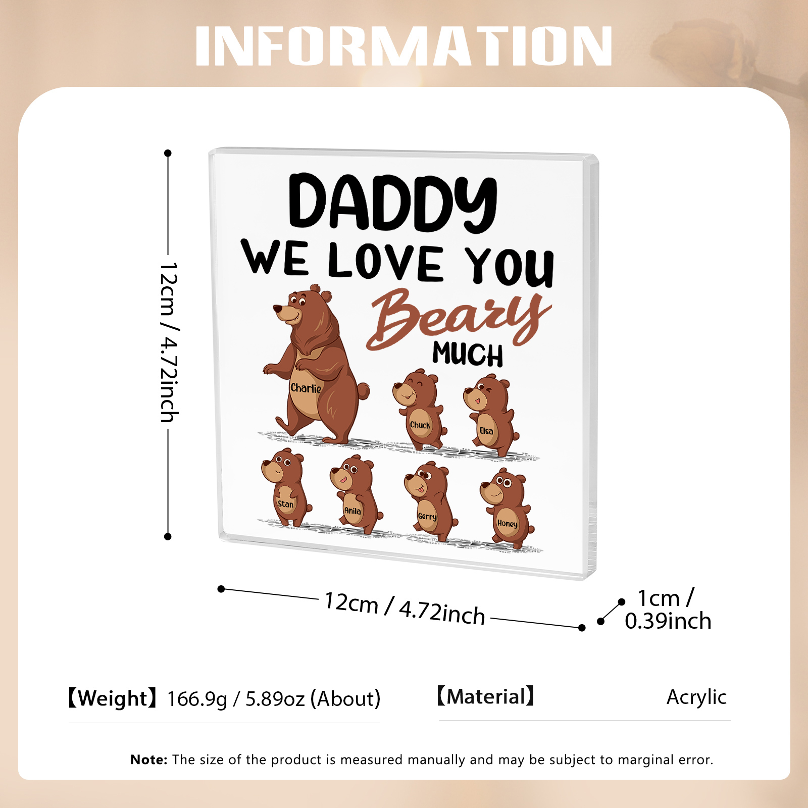 7 Names-Personalised Bear Family Acrylic Keepsake-Custom Text and Names-Acrylic Plaque Home Decoration Gift for Daddy/Grandad