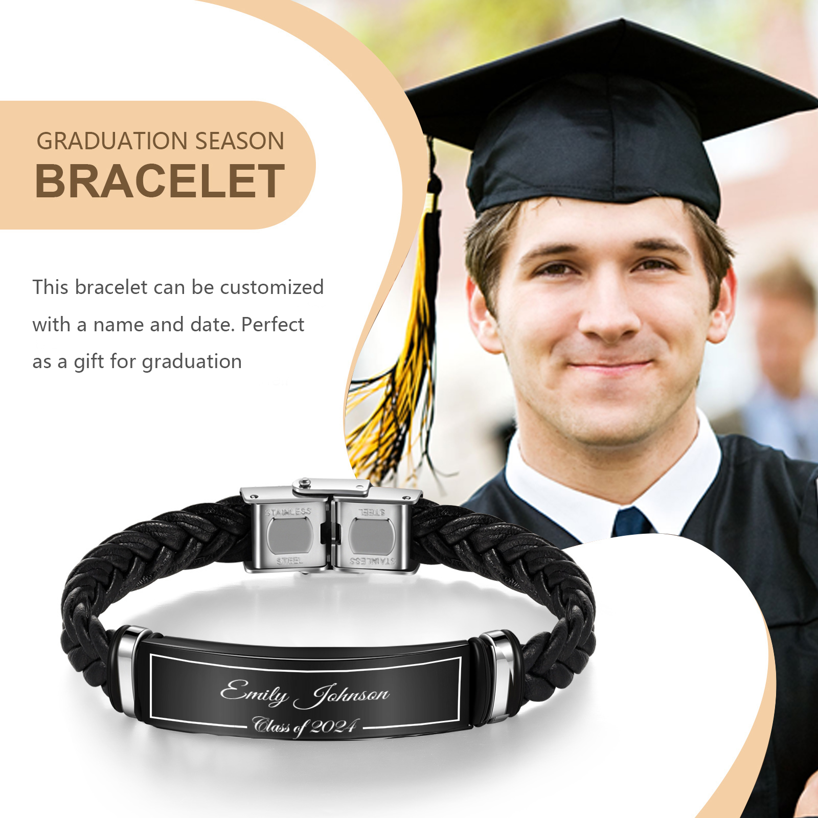 2024 Graduation Gifts - Personalised Year and Name Men's Bracelet, Gift for Him