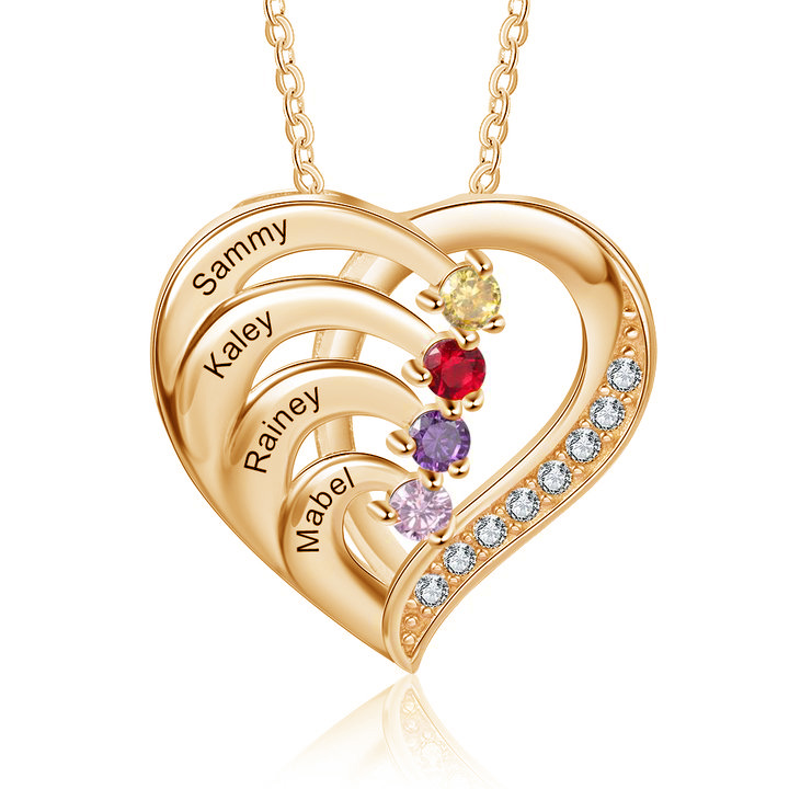 Personalised S925 Silver Mother Necklace 4 Stones Engraved 4 Names Birthstone Family Heart Pendant Gifts for Her