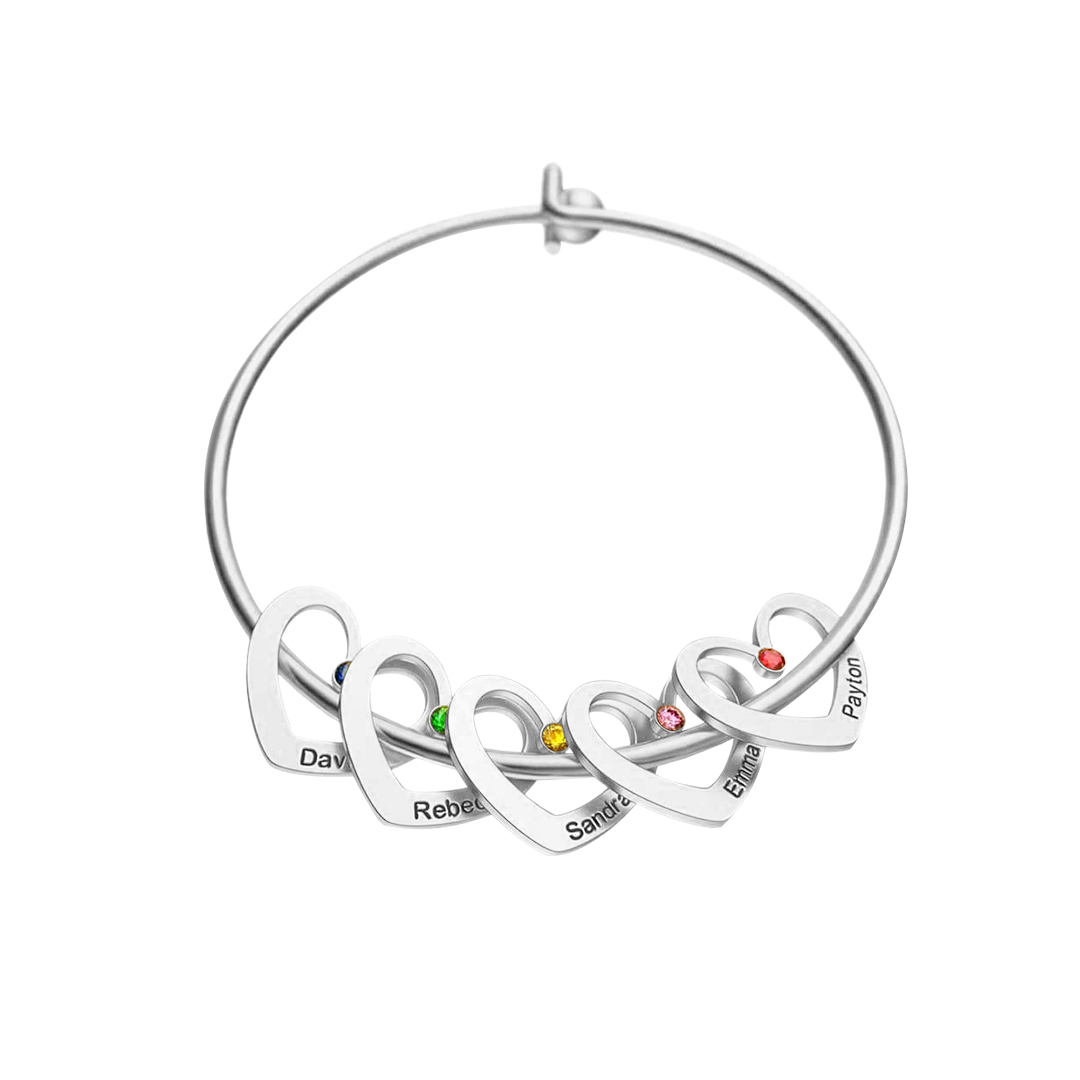 Personalised Heart Bangle With 2 Names and Birthstones Bangle Bracelet Mother's Day Gifts For women