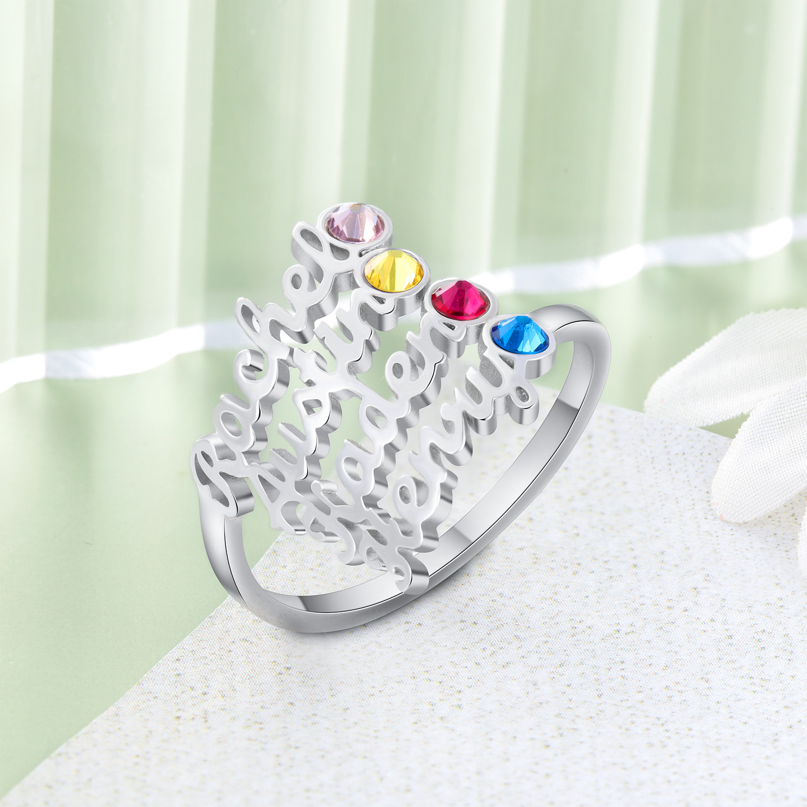 Personalised Birthstone Ring Custom 4 Names Ring Best Gift For Women