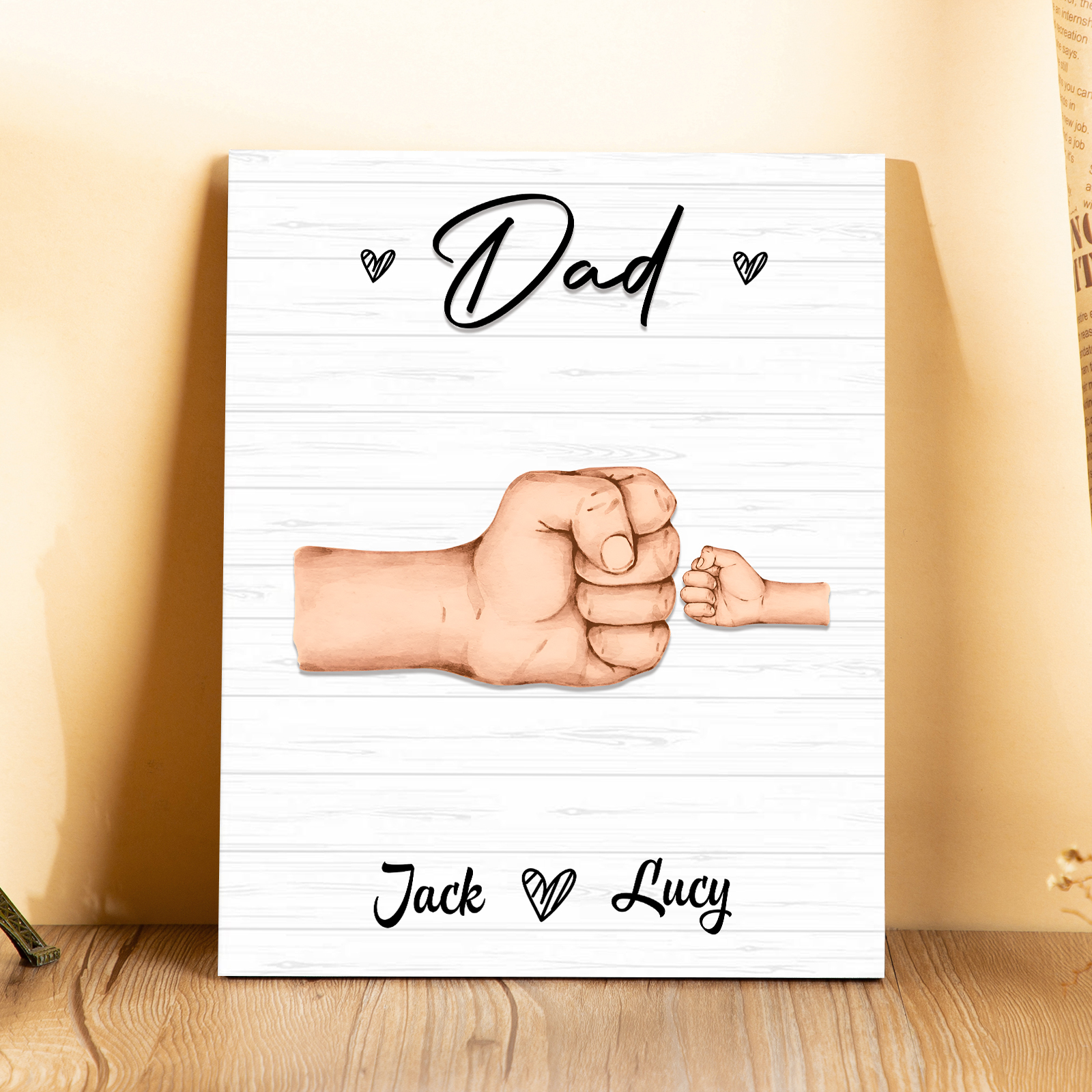 2 Names - Personalised Wooden Ornament Fist Bump Style Engraved Name and Text Ornament for Dad