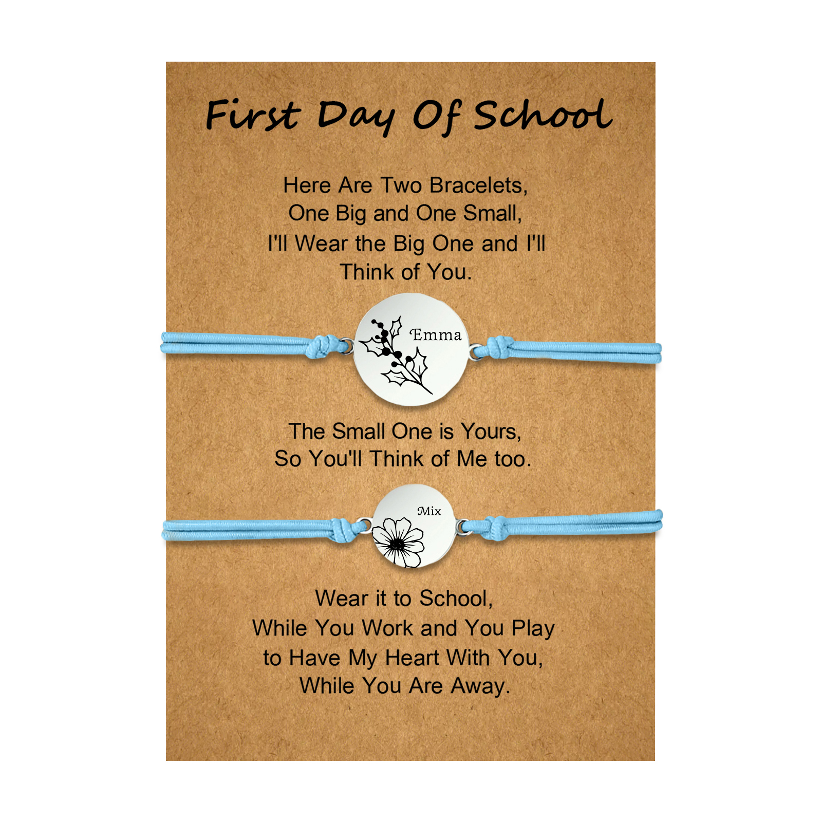 2 PCS Personalized 2 Birthflowers & 2 Names Elastic Stainless Steel Bracelet First Day of School Gift for Daughter