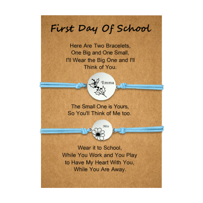 2 PCS Personalized 2 Birthflowers & 2 Names Elastic Stainless Steel Bracelet First Day of School Gift for Daughter