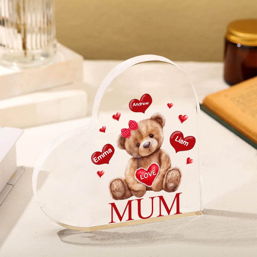 3 Names-Personalised Mum Acrylic Heart Keepsake Custom Text Love Teddy Bear Ornaments Gifts Set With Gift Box for Grandma/Mother