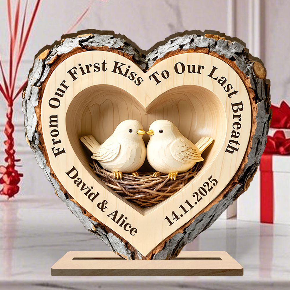 Personalised Carved Log Heart Lovebirds Ornament