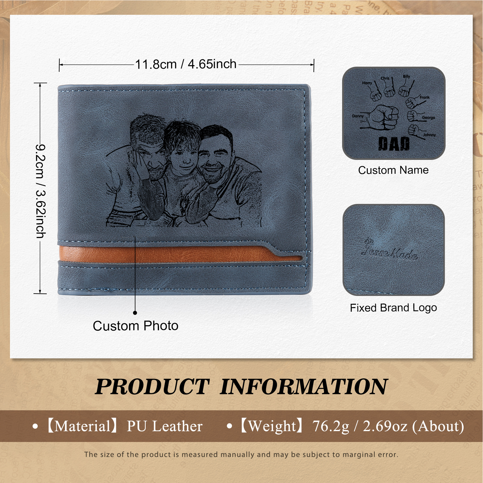 7 Names - Personalised Photo Custom Leather Men's Folding Wallet as a Father's Day Gift for Dad
