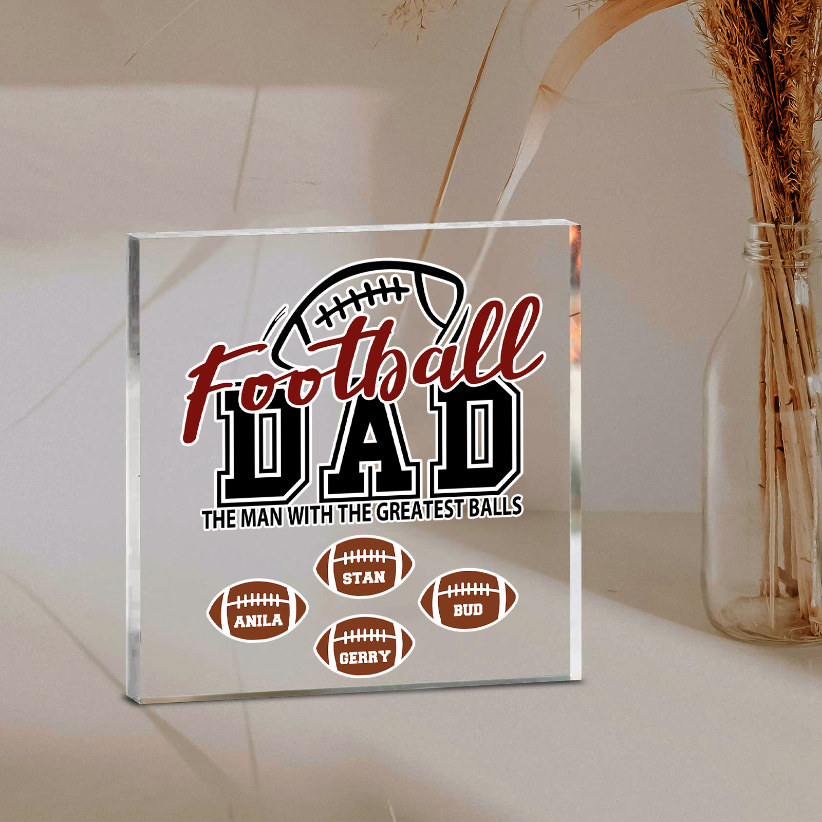 4 Names - Personalised Football Acrylic Keepsake Customized Name Acrylic Plaque Decoration Father's Day Gift for Dad