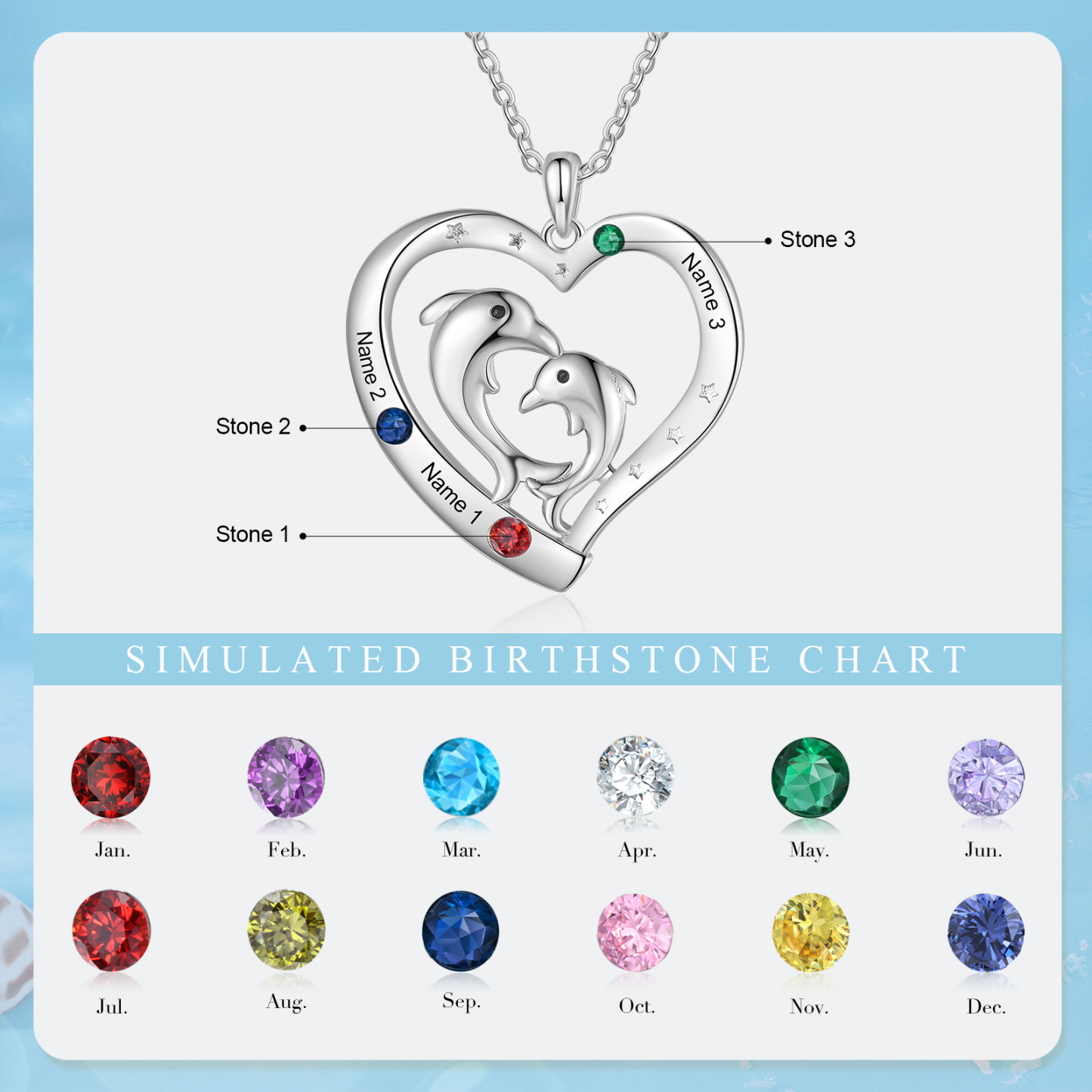 3 Names - Personalised Beautiful Dolphin Heart Necklace with Customized Name and Birthstone Gift for Her