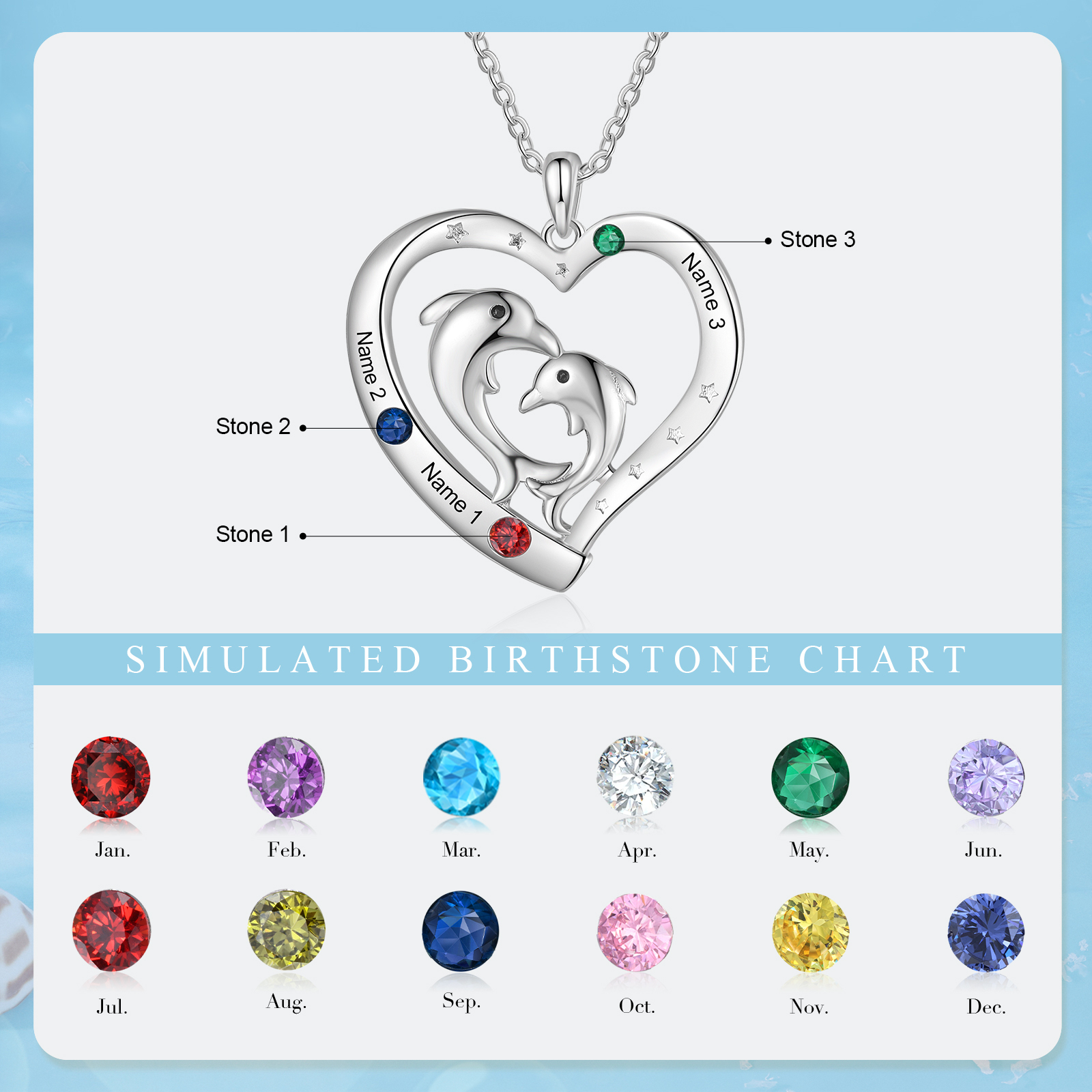3 Names - Personalised Beautiful Dolphin Heart Necklace with Customized Name and Birthstone Gift for Her