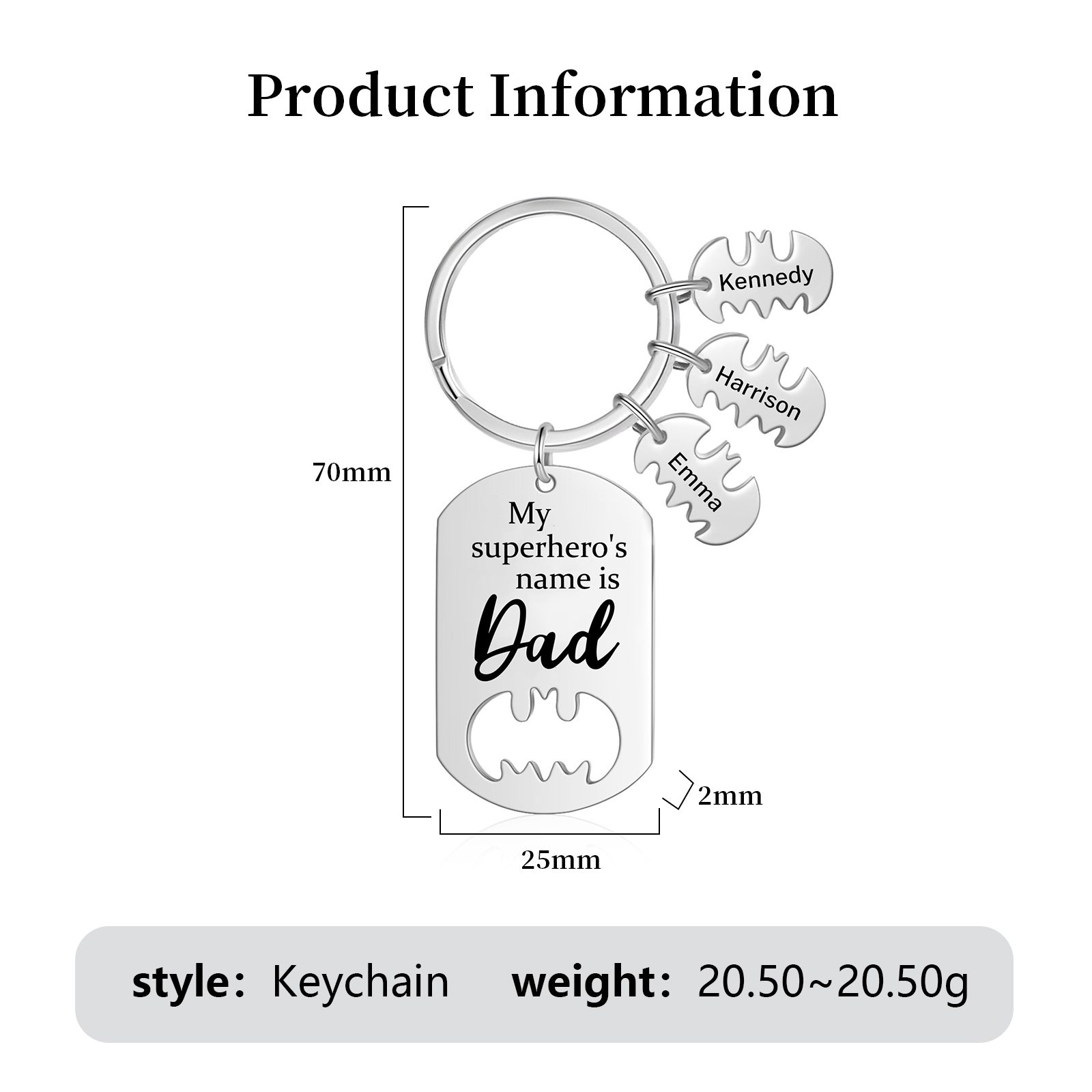 3 Names -Personalised Bat Keyring Father Keyring Gifts for Batman Dad - My Superhero's Name Is Dad