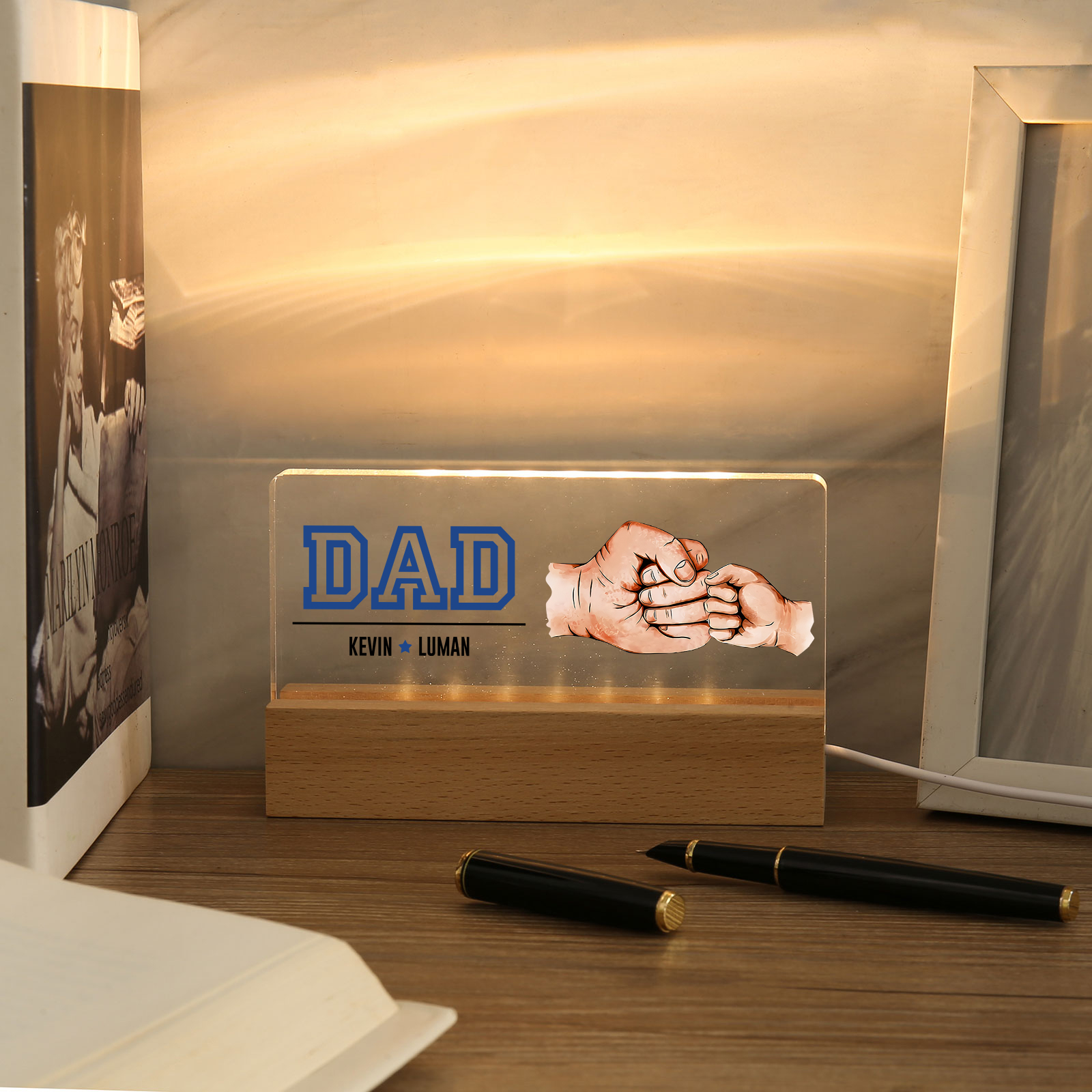 2 Names - Personalised Fist Bump Table Lamp - Dad's Dream Team - Father's Day Gift for Dad