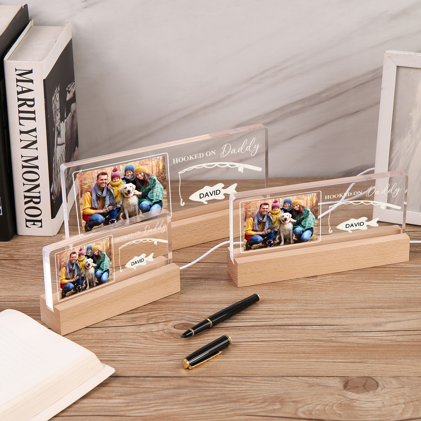 1 Name - Personalised Photo Fishing Pattern Desk Lamp Father's Day Gift For Dad