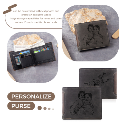3 Names - Personalised Photo Custom Leather Men's Folding Wallet as a Father's Day Gift for Dad