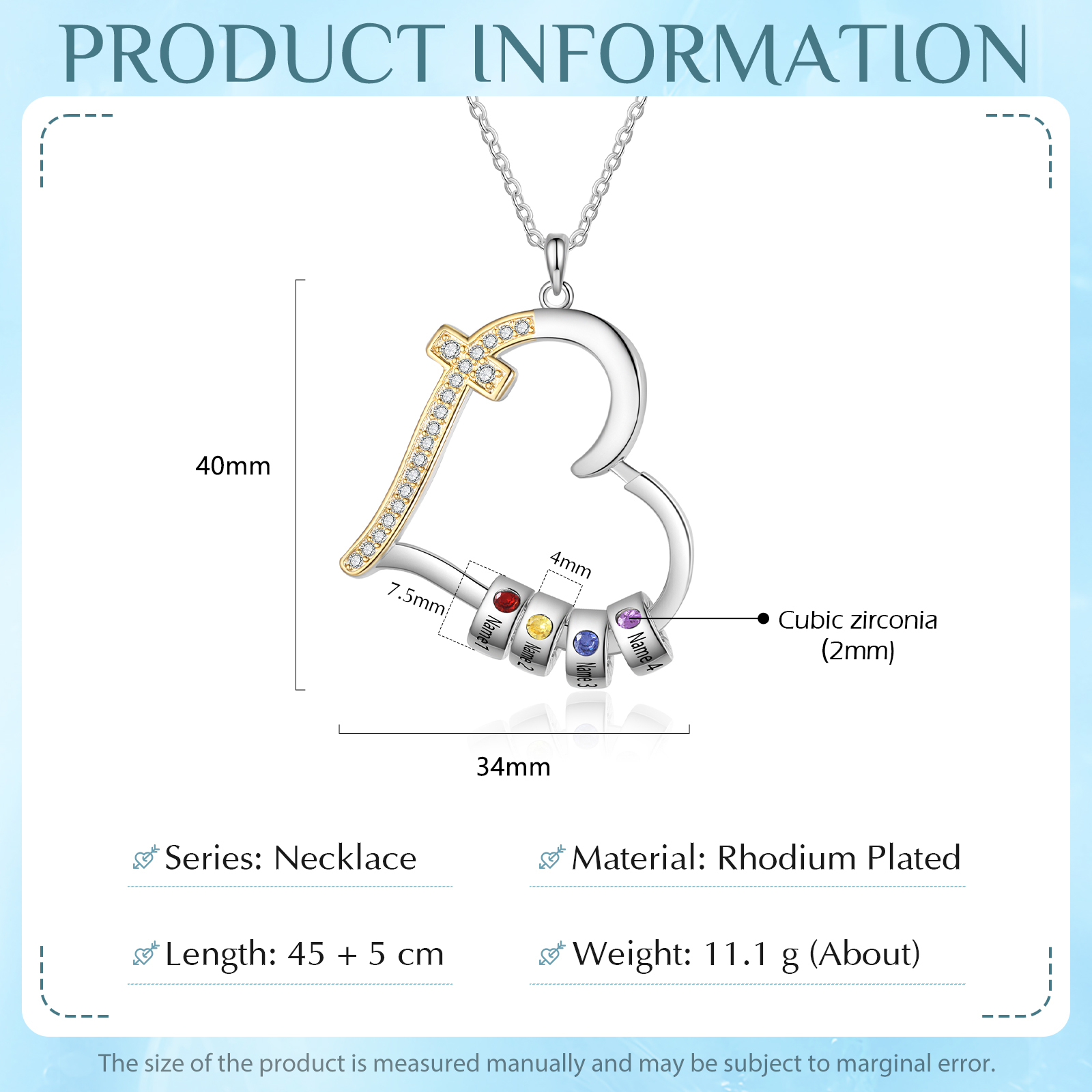 Personalised 2-5 Names Beads Cross Heart Shaped Birthstones Necklace for Her