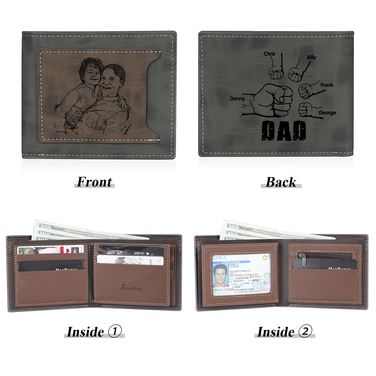 5 Names - Personalised Photo Custom Leather Men's Wallet as a Father's Day Gift for Dad