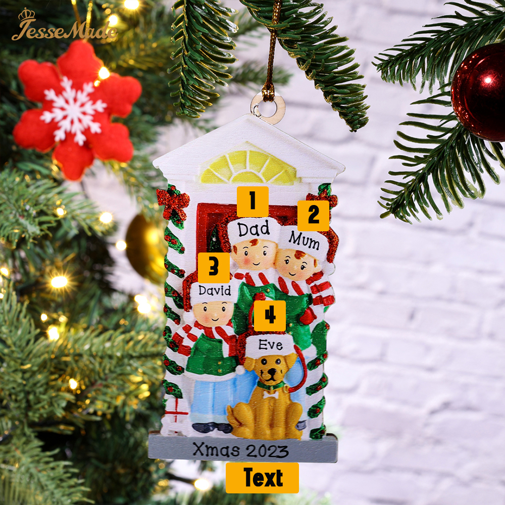3 Names+Dog Name-Personalised Family Christmas Xmas Tree Decoration Hanging Wooden Ornament with Name-Family with Dog