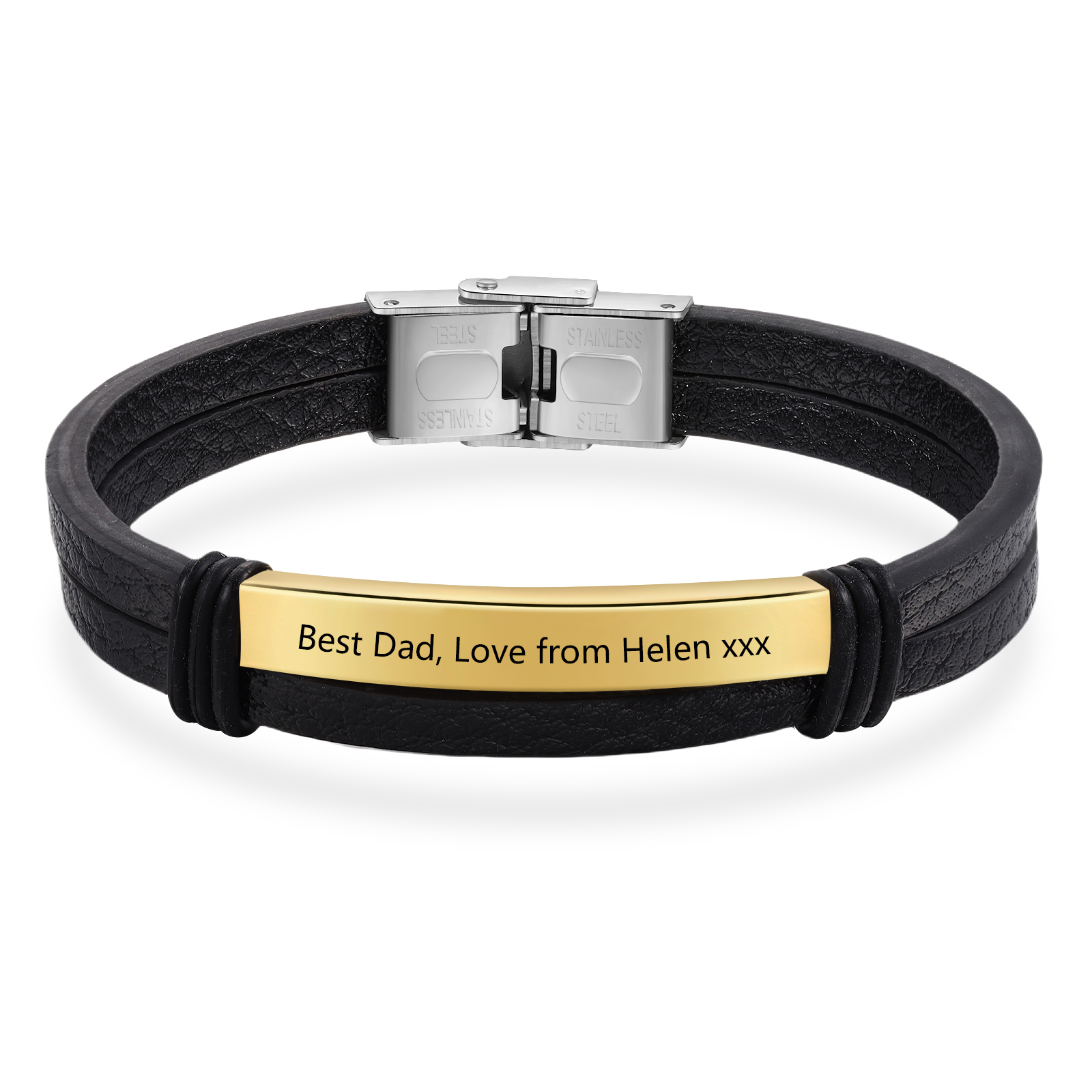 Personalised Text Black Leather Bracelet Men's Bracelet Father's Day Gift for Dad