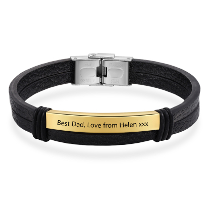 Personalised Text Black Leather Bracelet Men's Bracelet Father's Day Gift for Dad