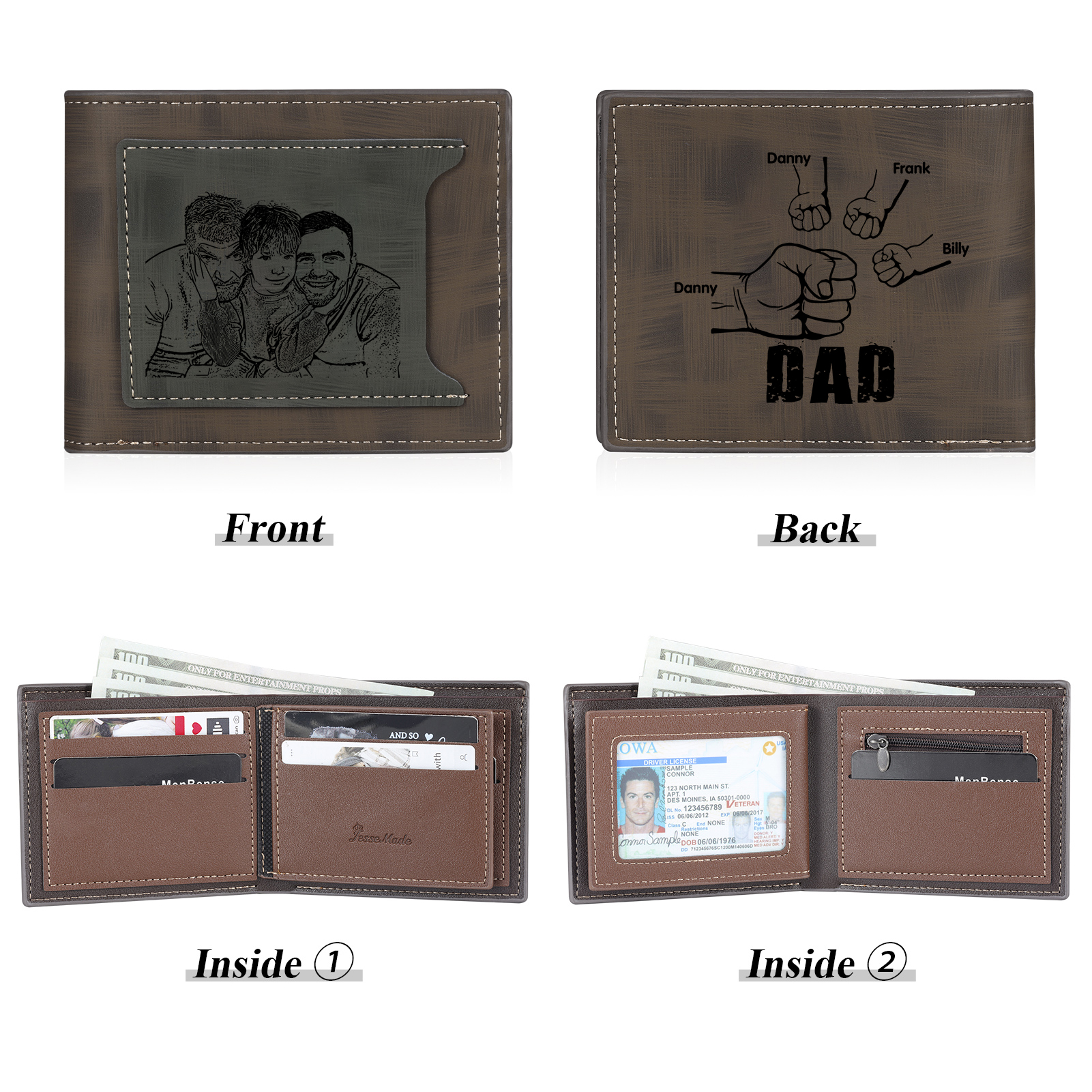 4 Names - Personalised Photo Custom Leather Men's Wallet as a Father's Day Gift for Dad