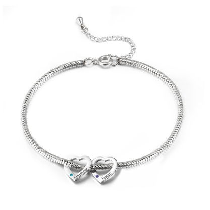 Custom Anklet Engraved 2 Names and Birthstones Heart Shaped Charm Personalised Bracelet for Women