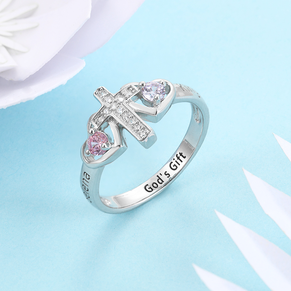 S925 Silver Ring Personalised 2 Birthstones Cross Ring With Names Gifts For Her