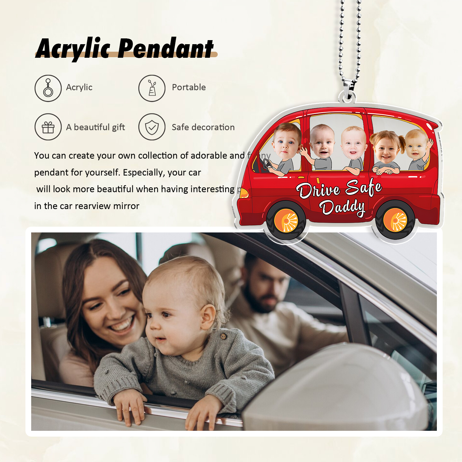 Acrylic Keyring/Decoration Personalised 5 Photos, Name And Text Child Driving Pattern Pendant For Dad