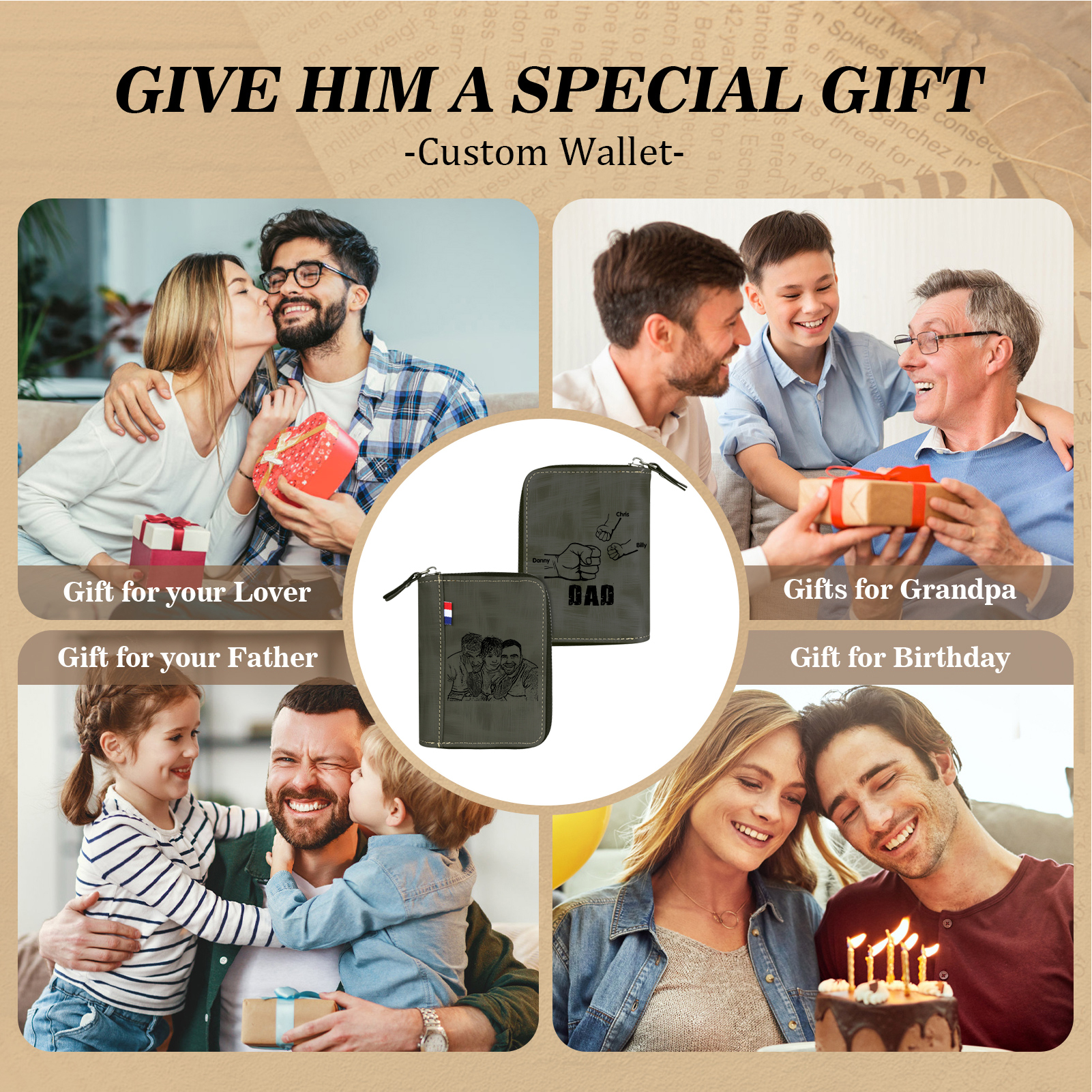 3 Names - Personalised Fist Bump Fist Bump Photo Custom Leather Men's Zipper Wallet as a Father's Day Gift for Dad