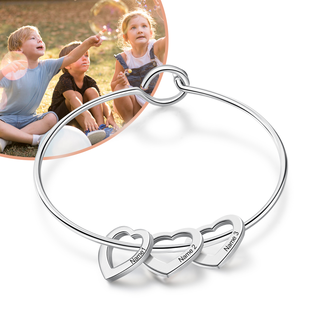 Personalised 3 Names Kids Bracelet Custom Engraved Heart Shaped Charm Bracelet - Christmas Gift for Mum/nan