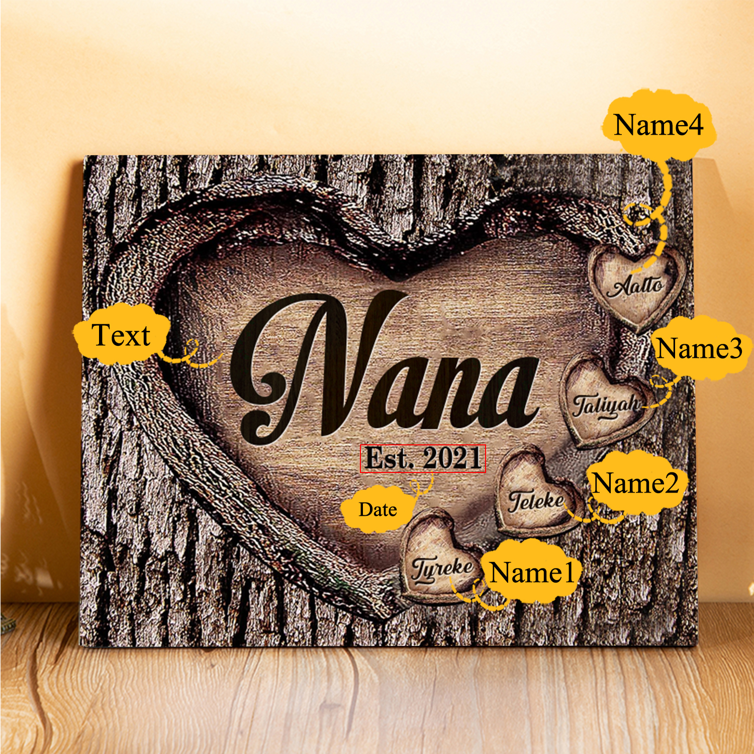 4 Names-Nan/Nana/Nanny/Grandma/Mam/Mum Personalised Name Wooden Ornament Custom Text And Date Home Decoration for Family
