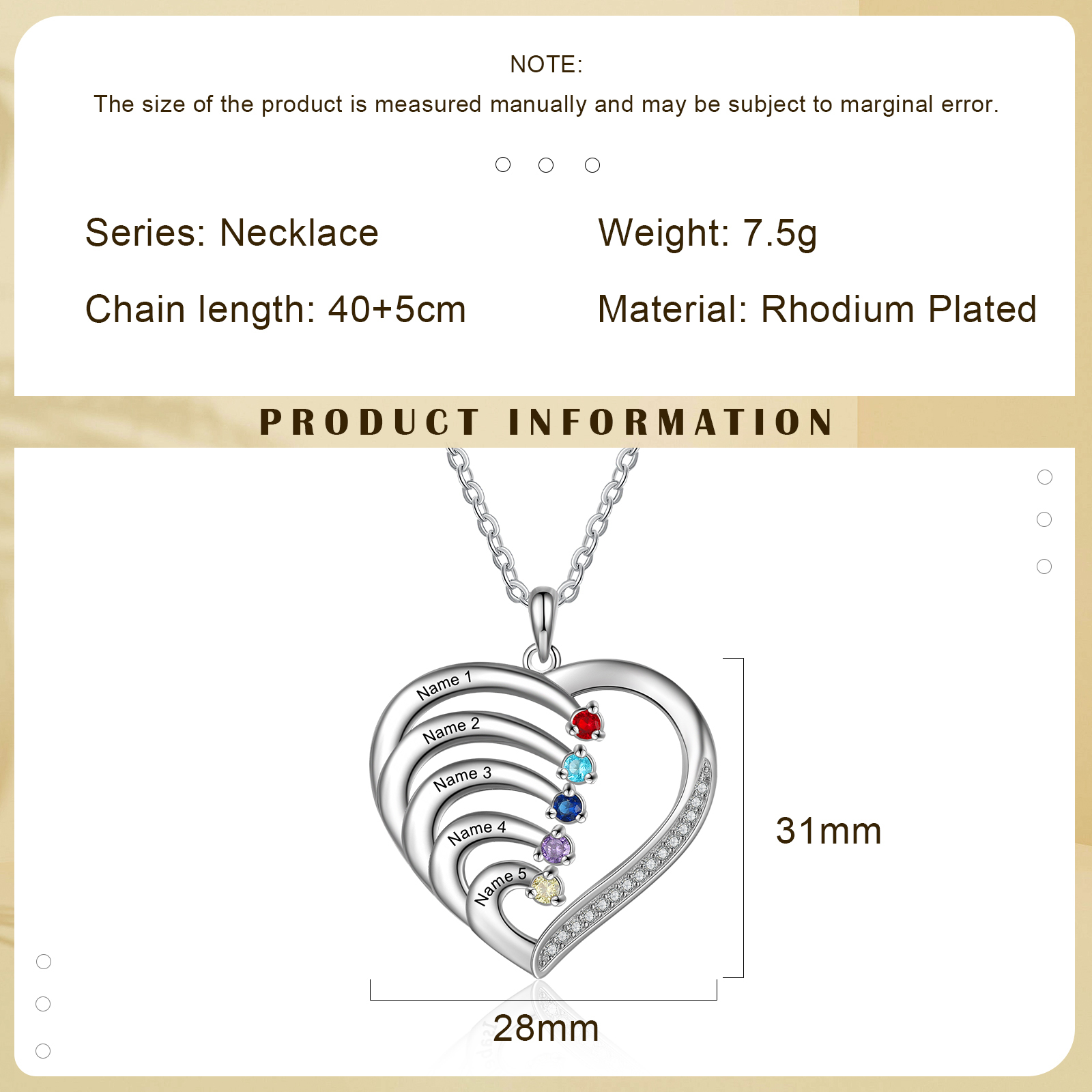 Personalised Mother Necklace 5 Stones Engraved 5 Names Birthstone Intertwined Heart Pendant Gifts for Her