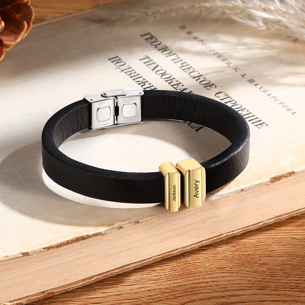 2 Names Personalised Stainless Steel Leather Bracelet Engraved Name Men's Bracelet Gift for Dad