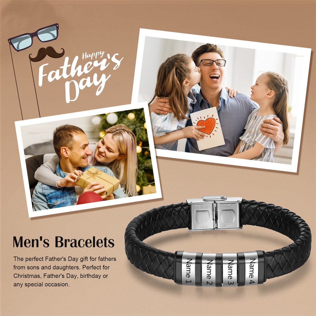 Men Leather Braided Bracelet Personalised with 4 Names 4 Beads Gift For Father's Day