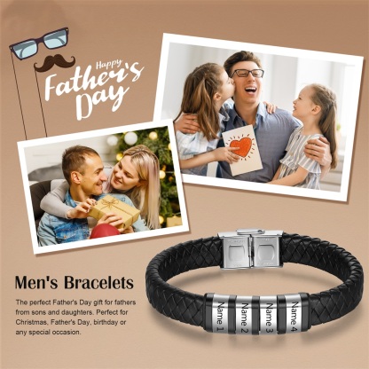 Men Leather Braided Bracelet Personalised with 4 Names 4 Beads Gift For Father's Day