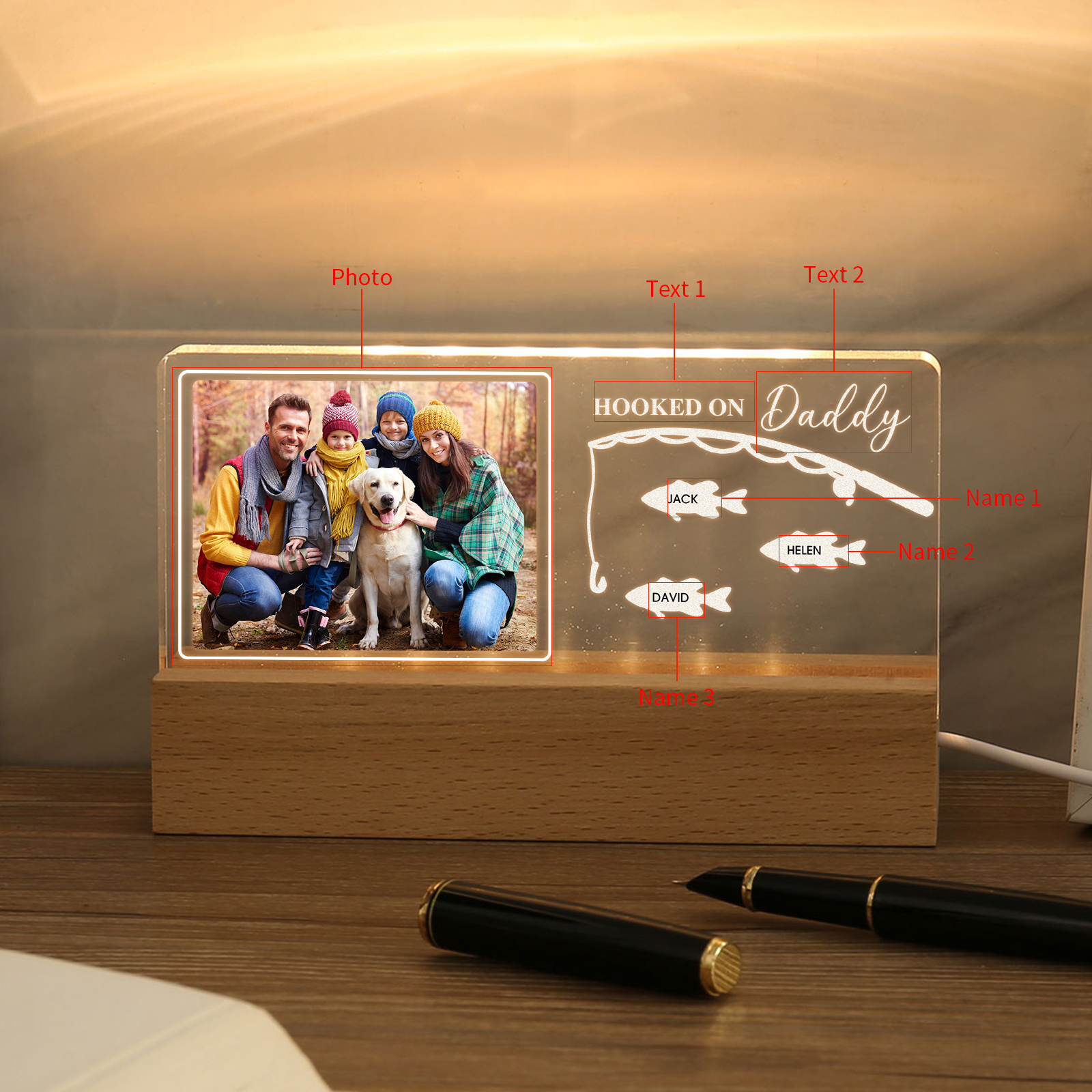 3 Names - Personalised Photo Fishing Pattern Desk Lamp Father's Day Gift For Dad