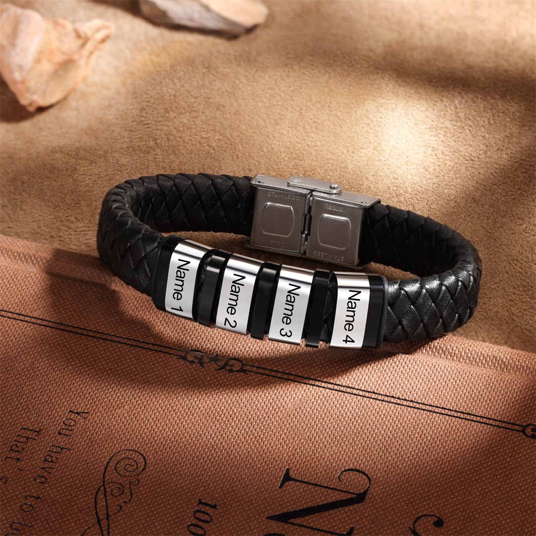 Men Leather Braided Bracelet Personalised with 4 Names 4 Beads Gift For Father's Day